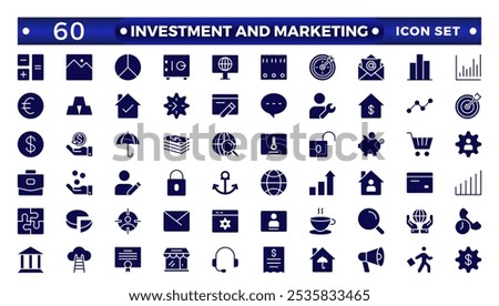 Investment and Marketing solid  icons set. Content, search, marketing, e-commerce, SEO, electronic devices, internet, analysis, social, and more line icon.Money income, Pension fund  solid icon set.