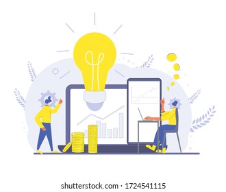 Investment. Minor shareholder use a financial  servises to invest. Woman and man have a investment idea. Male analyst with huge coins, graph on computer's and phone screen.  Vector flat illustration.