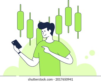 Ilustración de vectores de rastreo móvil de inversión - Increíble ilustración de un tipo que rastrea su inversión apta para sitios web, aplicaciones móviles, comercio, finanzas e ilustración - Ilustración plana vectorial