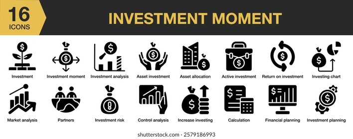 Investment Moment solid icon set. Includes investment, business, money, finance, management, and More. Solid icons vector collection.