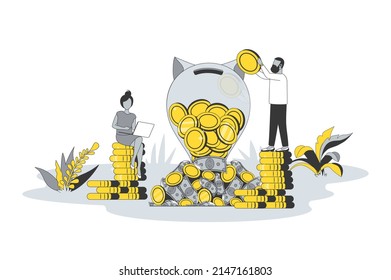 Investment Money Concept In Flat Line Design. People Accumulate Savings, Create Success Investment Strategy, Invest Finances And Earnings Profit. Vector Illustration With Outline Scene For Web