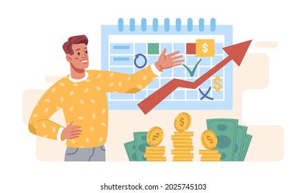 Investment money concept isolated cartoon man planning payments on calendar schedule, income growth. Vector growing arrow price on chart, stack of gold coins and bills, invest strategy and banking