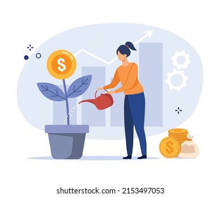 Concepto de inversión en dinero y finanzas. Mujer cultivando árbol de dinero. Ilustración vectorial.