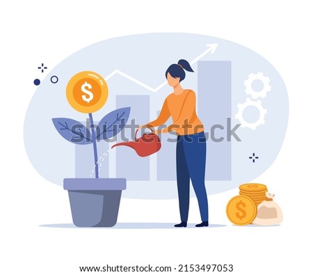 Investment money and finance concept. Woman growing money tree. Vector Illustration.