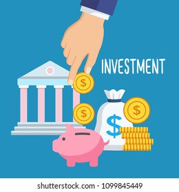 Investment money saving concept. Hand putting coins in piggy bank. Financial profit and finance symbols and icons. Vector illustration in flat style design