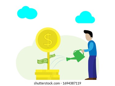 Investment in money tree vector illustration, Man is watering to grow more income, investment, profit, financial business, money asset and wealth. gold coin flowers and dollar bank leafs.