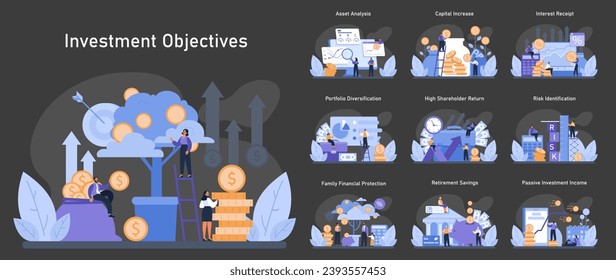 Investment objectives dark or night mode set. Financial goals through asset analysis, capital growth, and risk management. Achieving retirement savings and passive income. Flat vector illustration