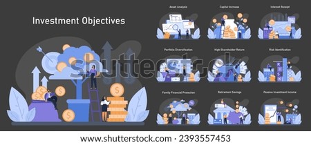 Investment objectives dark or night mode set. Financial goals through asset analysis, capital growth, and risk management. Achieving retirement savings and passive income. Flat vector illustration