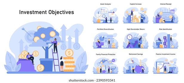 Investment objectives set. Financial goals through asset analysis, capital growth, and risk management. Achieving retirement savings and passive income. Flat vector illustration