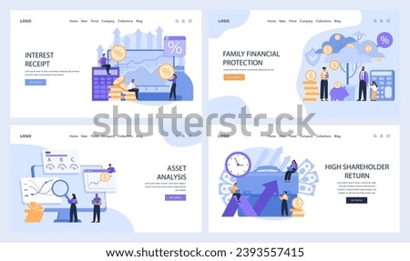 Investment objectives web or landing set. Interest receipt, family financial protection, asset analysis, and high shareholder return. Essential online finance concepts. Flat vector illustration