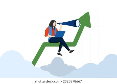 Investment Opportunities, Future Goals, Stock Market Predictions. vision opportunity target business. Looking for future company plans. a businesswoman using a telescope on a graph chart.