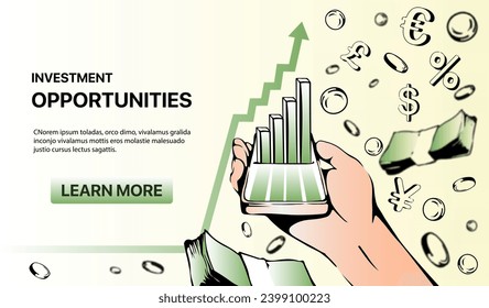 Investment opportunities poster. Hand with growing graphs and charts. Economist, investor and trader with statistics. Landing page design. Financial literacy. Cartoon flat vector illustration
