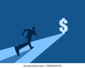 Investment Opportunity, Businessman running towards dollar icon door.