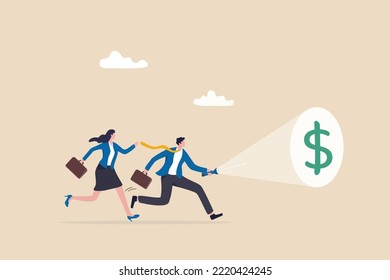 Investment opportunity, financial advisor or money planning, discover growth saving fund or make profit from stock market concept, businessman advisor holding flashlight finding dollar money sign.