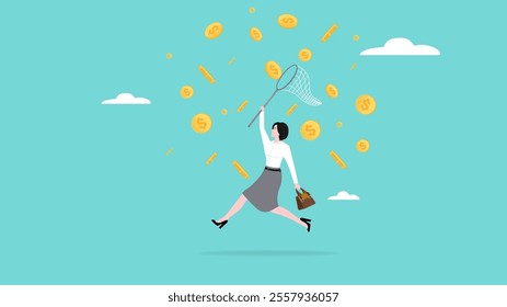 investment opportunity, gain profit or success, catching bargain stock or mutual funds, profitable business or investment, businessman jump to catch golden money coin with butterfly net