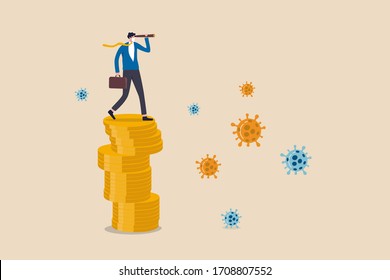 Investment opportunity in stock market, business to survive and win in Coronavirus COVID-19 outbreak economy crisis concept, businessman leader standing on money coins using telescope to vision future