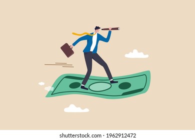 Investment opportunity, visionary to make profit or financial growth concept, smart businessman riding flying banknote money using telescope or spyglass to see future.