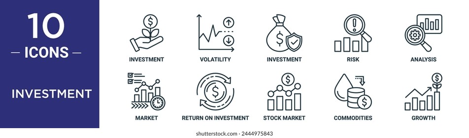 el conjunto de iconos de esquema de inversión incluye iconos de inversión de línea fina, volatilidad, inversión, riesgo, análisis, mercado, rentabilidad para informe, presentación, diagrama, Diseño web