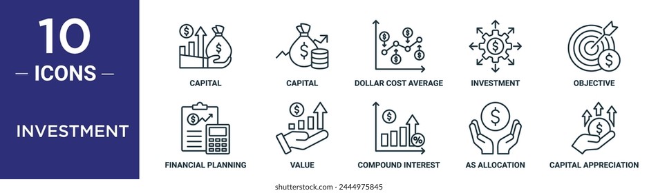 investment outline icon set includes thin line capital, capital, dollar cost average, investment, objective, financial planning, value icons for report, presentation, diagram, web design