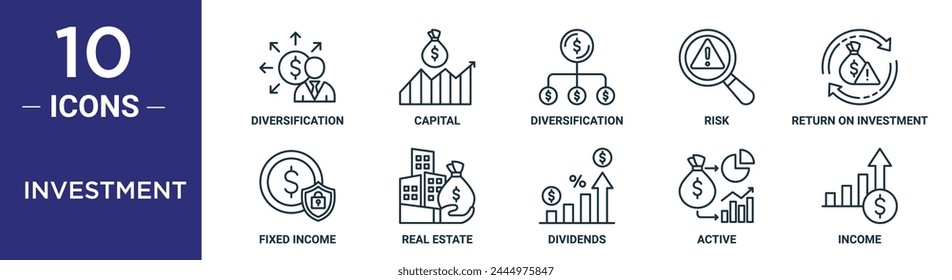 investment outline icon set includes thin line diversification, capital, diversification, risk, return on investment, fixed income, real estate icons for report, presentation, diagram, web design