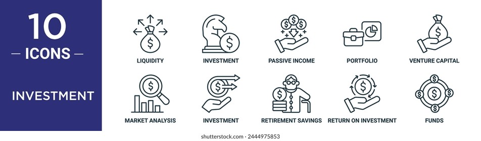el conjunto de iconos de esquema de inversión incluye liquidez de línea fina, inversión, ingresos pasivos, Cartera, capital de riesgo, análisis de mercado, iconos de inversión para informe, presentación, diagrama, Diseño web