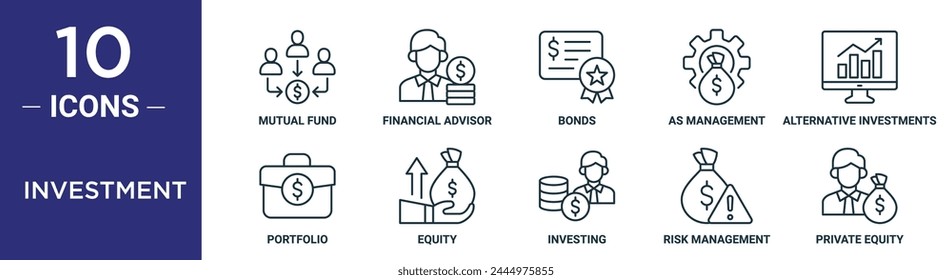 el conjunto de iconos de esquema de inversión incluye fondos mutuos de línea fina, asesores financieros, bonos, como gestión, inversiones alternativas, Cartera, iconos de acciones para informes, presentaciones, diagramas, Diseños web