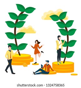 Investment. People grow coins, money. Business success. Flat concept vector illustration for web page, website and mobile, isolated on white