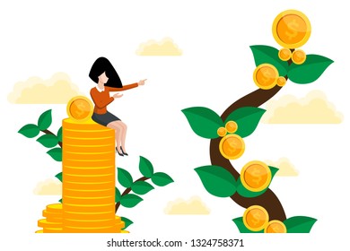 Investment. People grow coins, money. Business success. Flat concept vector illustration for web page, website and mobile, isolated on white