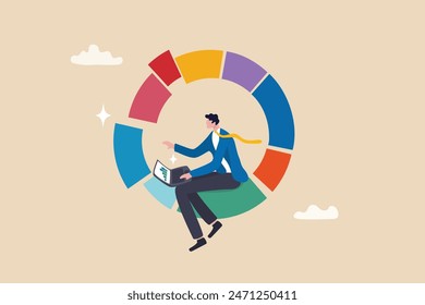 Investment pie chart asset allocation for diversification, financial percentage distribution, budget or marketing analysis chart diagram concept, businessman working with computer laptop on pie chart.