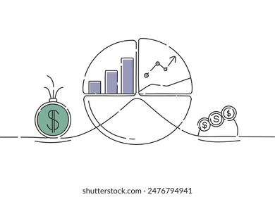 Anlagenkreuzdiagramm Asset Allocation für Diversifikation, Verteilung des finanziellen Prozentsatzes, Budget- oder Marketing-Analyse Diagrammkonzept, Doodle Flat Line Art Illustration