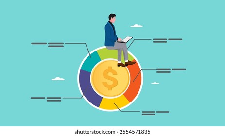 investment pie chart asset allocation, money allocation for diversification, budget percentage distribution, businessman sitting on gold coins with financial pie chart while allocating budget