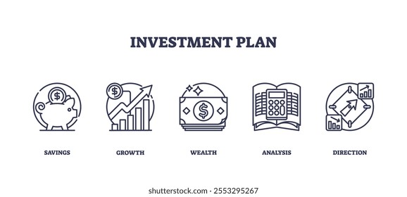 Los íconos de Planes de inversión representan los ahorros, el crecimiento, la riqueza, el análisis y la dirección. Conjunto de iconos de esquema.