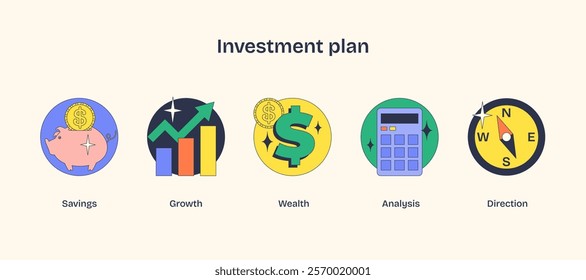 Investment plan icons show savings, growth, and wealth in a bold, colorful style. Neubrutalism style