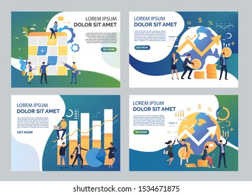 Investment planning illustration set. Men and women analyzing charts. Business concept. Vector illustration for topics like finance, startup marketing