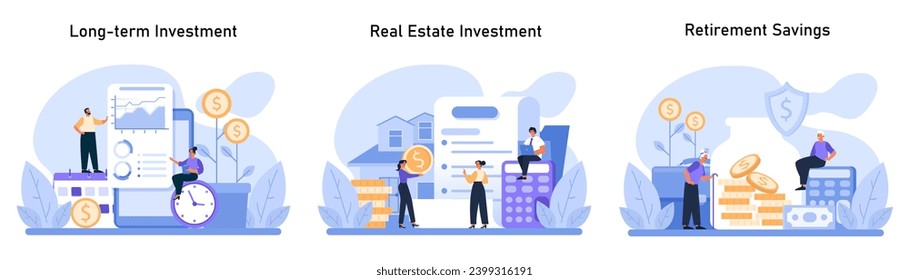 Investment Planning set. Detailing secure financial future through long-term growth, property assets, and retirement fund strategies. Flat vector illustration