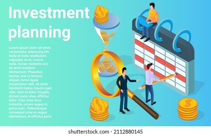 Investment planning.People on the background of a calendar and a magnifying glass are engaged in investing.Flat vector illustration.