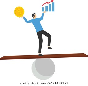 Planes de inversión o ratio. Hombre trabajando en el equilibrio entre el mercado de valores y la Ilustración vectorial plana de ahorro. Concepto financiero para el Anuncio, diseño de Sitios web o Web de aterrizaje

