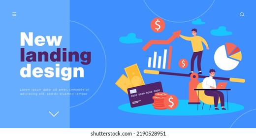 Investment plans of tiny businessman. Man working on balance between stock market segments and profit growth flat vector illustration. Finance concept for banner, website design or landing web page