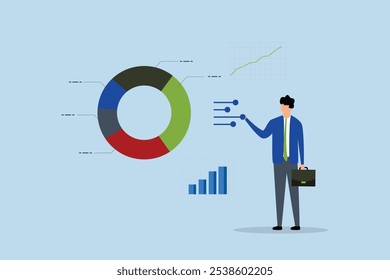 Ajuste de carteira de investimento, empresário gestor de fundos ajusta seu gráfico de pizza de carteira com base no conceito de inflação e taxas de juros. 