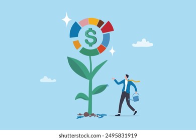 Investment portfolio, asset allocation to build passive income, wealth management or mutual fund planning, investment growth concept, businessman watering grow plant of investing portfolio pie chart.