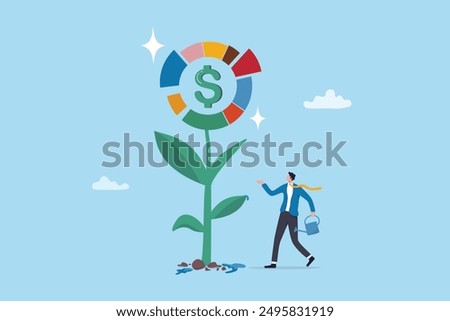 Investment portfolio, asset allocation to build passive income, wealth management or mutual fund planning, investment growth concept, businessman watering grow plant of investing portfolio pie chart.