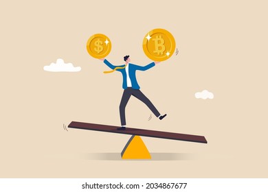 Investment portfolio with Bitcoin or crypto currency, buy or sell trading, crypto market exchange value concept, businessman investor or trader balance portfolio with dollar coin and bitcoin.