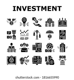 Investment Portfolio Collection Icons Set Vector. Investment In Education And Securities, Real Estate And Business, Safe And Bank Building Glyph Pictograms Black Illustrations