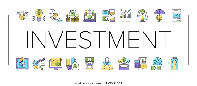 Investment Portfolio Collection Icons Set Vector. Investment In Education And Securities, Real Estate And Business, Safe And Bank Building Color Contour Illustrations