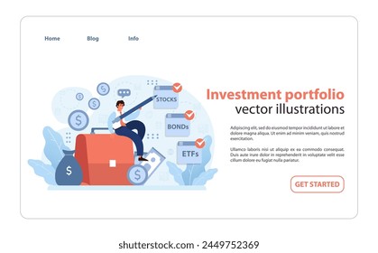 Concepto de Cartera de inversiones. Balances energéticos de inversores sobre un maletín, interactuando con diversos activos financieros como acciones, bonos y fondos cotizados. Estrategia de gestión patrimonial. Ilustración vectorial plana