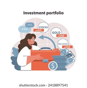 Investment portfolio concept. Savvy woman diversifying assets into stocks, gold, and real estate. Strategically allocating resources for optimum returns. Smart financial planning and wealth management