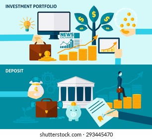 Investment portfolio exchange news and deposit or accumulation flat color horizontal banner set isolated vector illustration