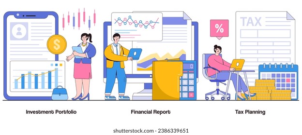 Investment portfolio, financial report, tax planning concept with character. Wealth management abstract vector illustration set. Asset allocation, fiscal responsibility, financial strategy metaphor.