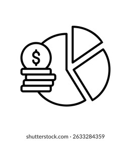 Investment portfolio icon with pie chart and dollar coins