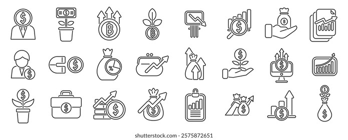 Investment portfolio icons set. Line icons representing financial growth, investment returns, and business prosperity, symbolizing wealth creation and effective money management